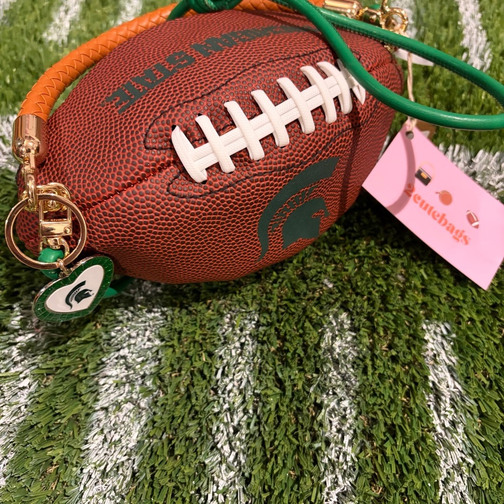 Michigan State Spartans Football-Shaped handmade purse with green accents.